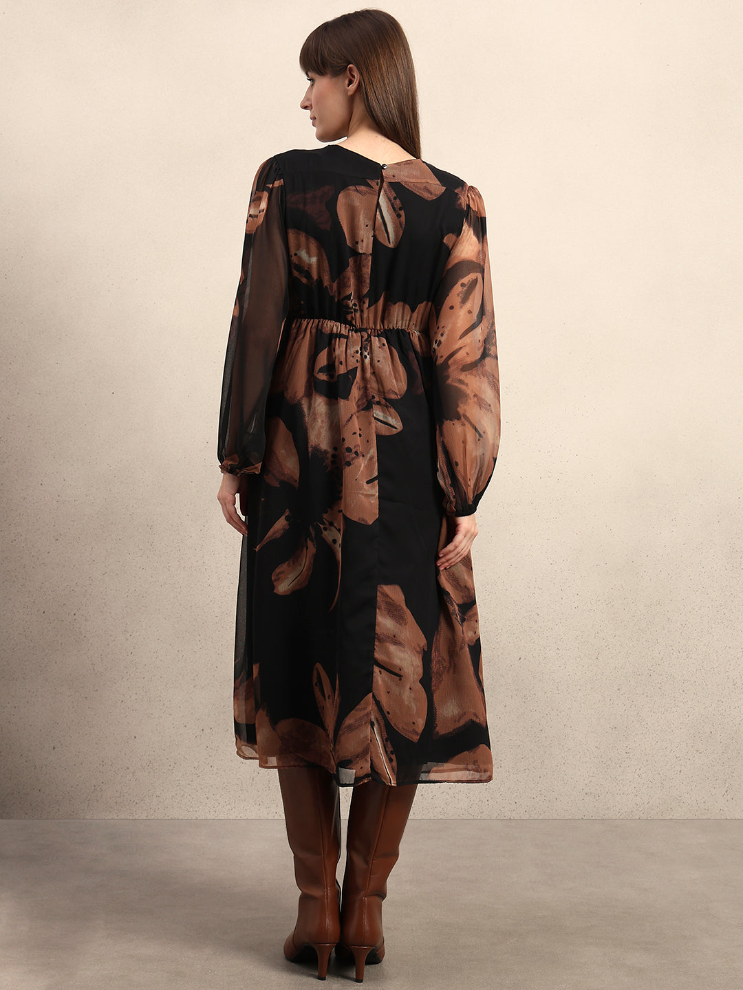 Women's Brown Party Printed A-Line Dress