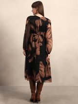 Women's Brown Party Printed A-Line Dress