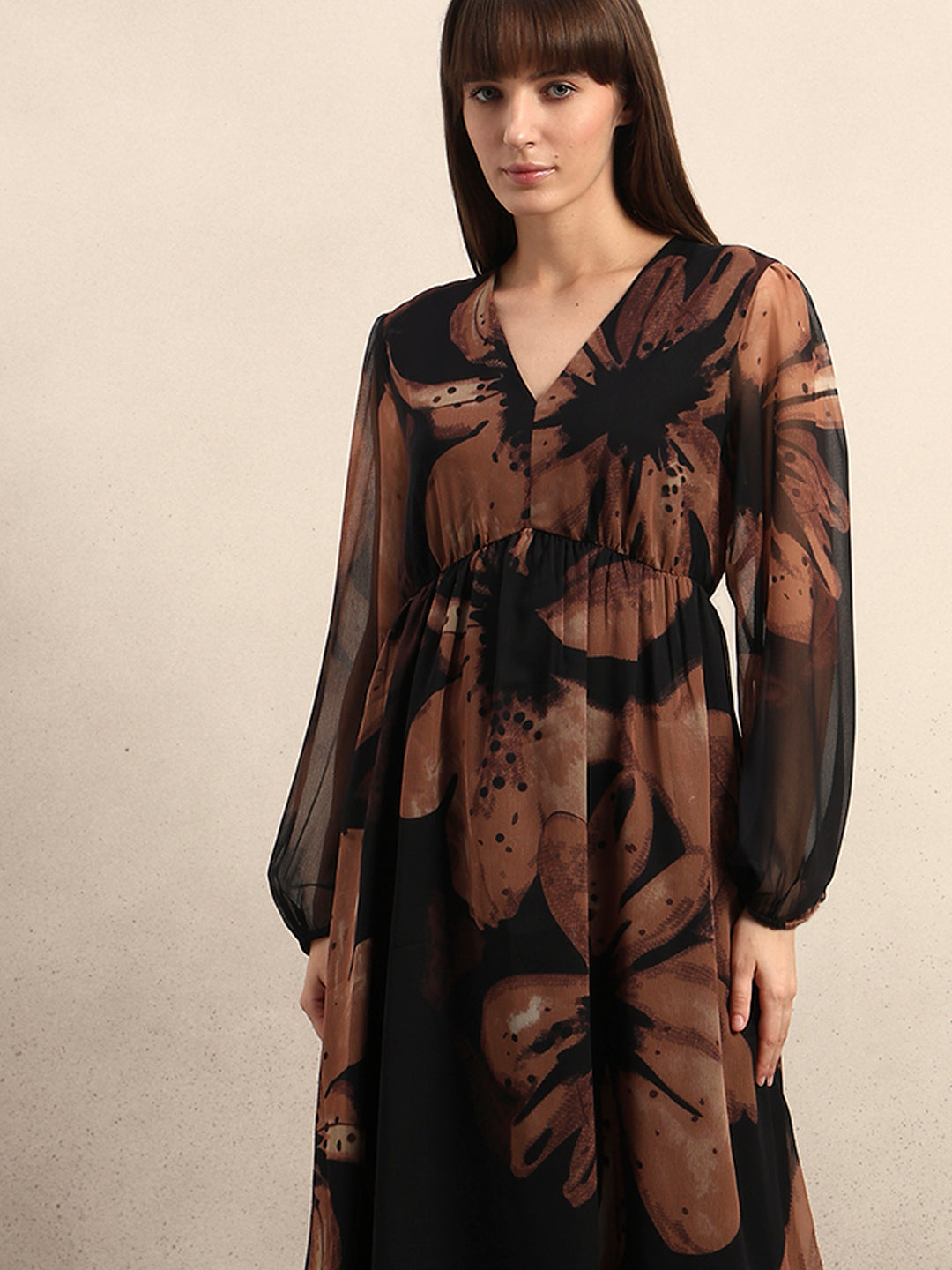 Women's Brown Party Printed A-Line Dress