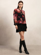 Women's Red Casual Printed Full Sleeves Top