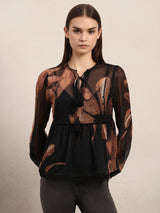 Women's Brown Casual Printed Full Sleeves Top