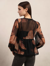 Women's Brown Casual Printed Full Sleeves Top