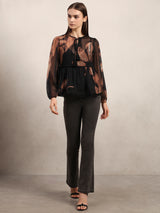 Women's Brown Casual Printed Full Sleeves Top