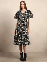 Women's Black Casual Printed Fit & Flared Dress