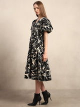 Women's Black Casual Printed Fit & Flared Dress