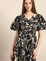 Women's Black Casual Printed Fit & Flared Dress