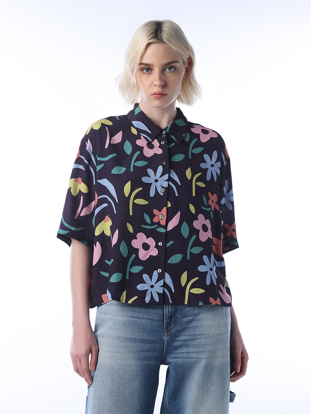 Women's Black Casual Printed Half Sleeves Shirt