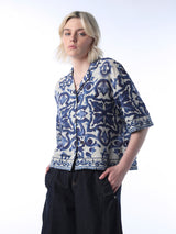 Women's Blue Casual Printed Half Sleeves Shirt