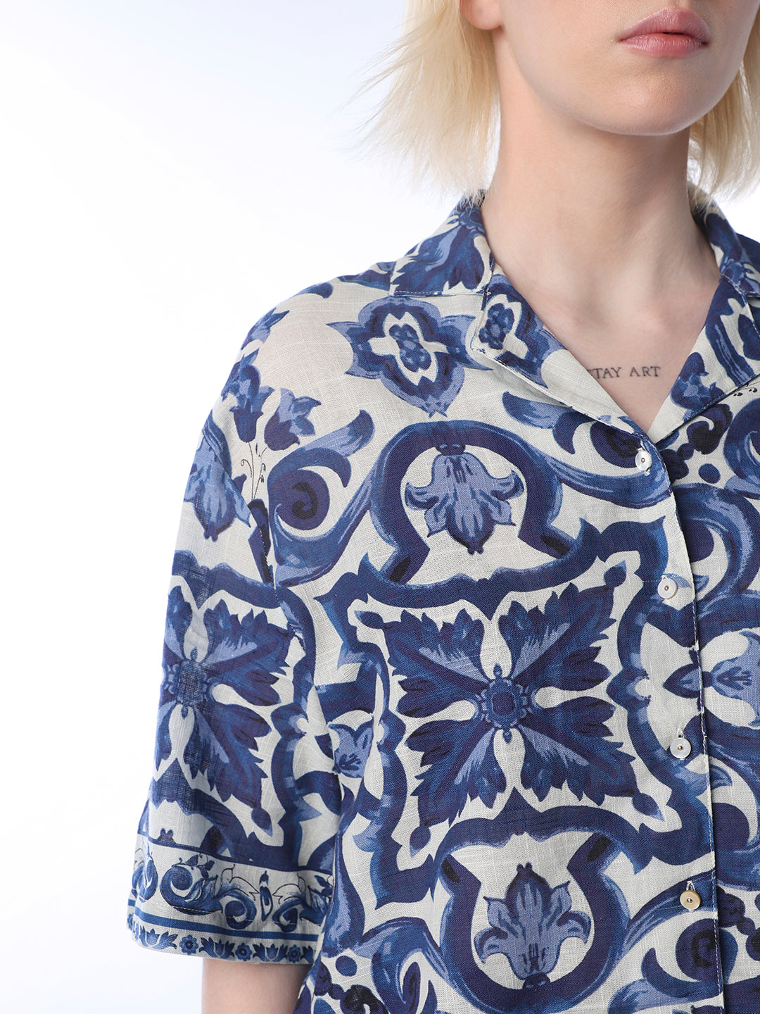 Women's Blue Casual Printed Half Sleeves Shirt