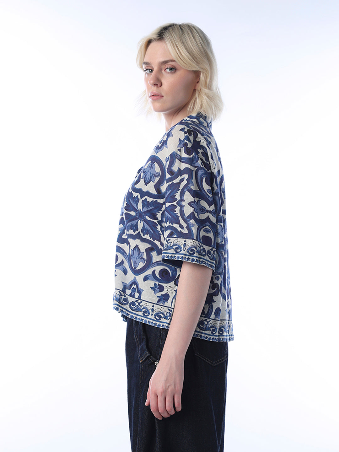 Women's Blue Casual Printed Half Sleeves Shirt