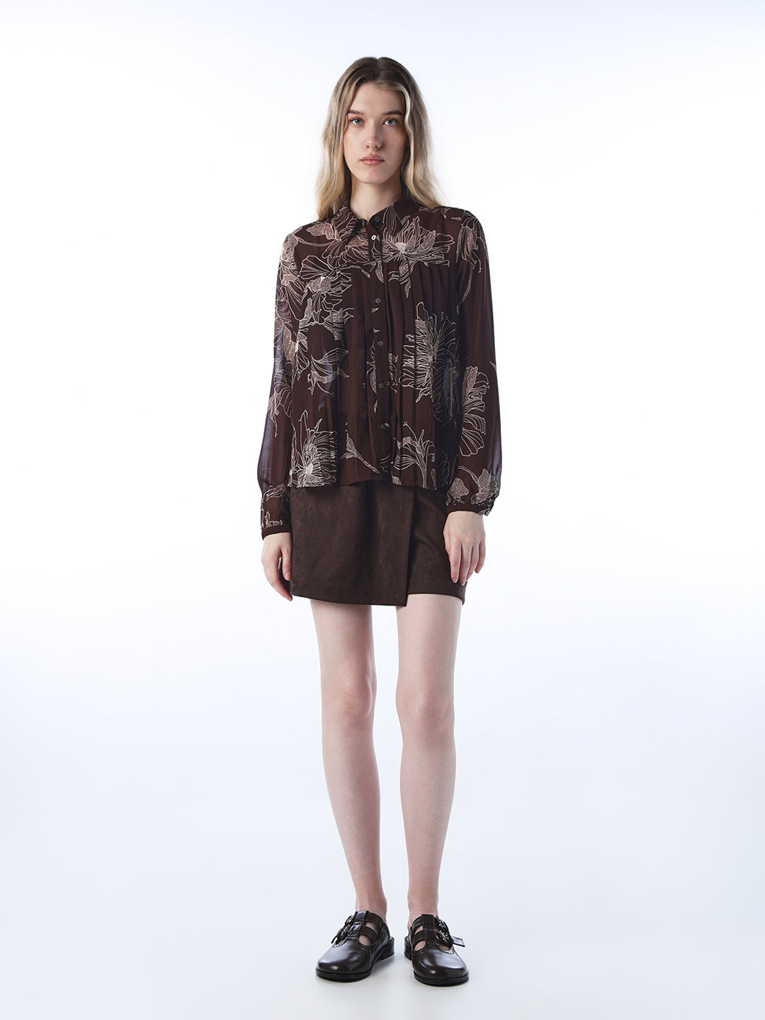 Women's Brown Casual Self-Design Full Sleeves Shirt