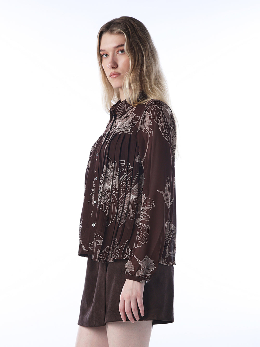 Women's Brown Casual Self-Design Full Sleeves Shirt