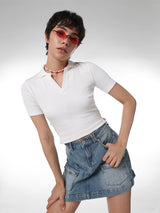 Women's White Casual Solid Half Sleeves Polo Tshirt