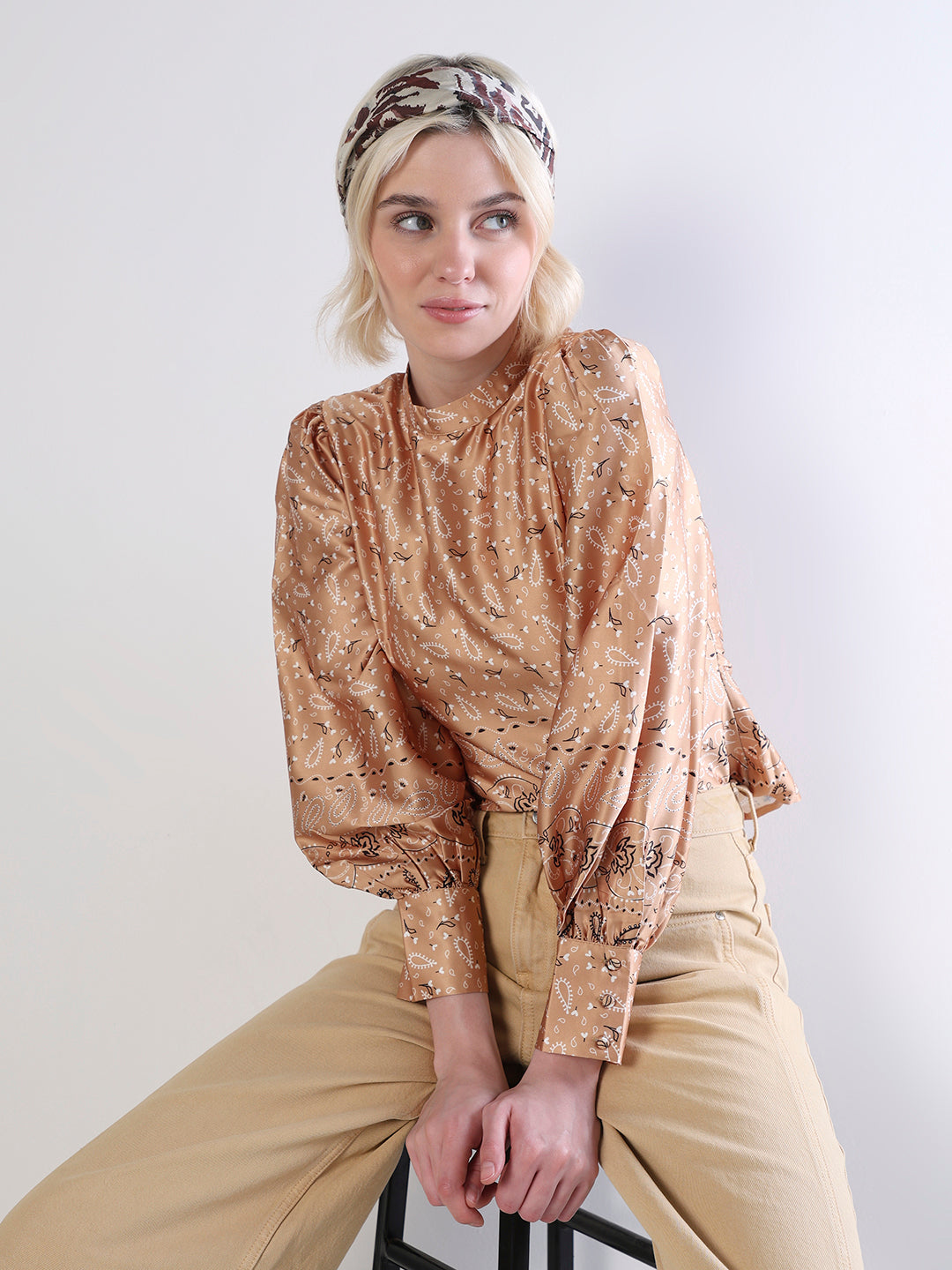 Women's Brown Casual Printed Full Sleeves Top