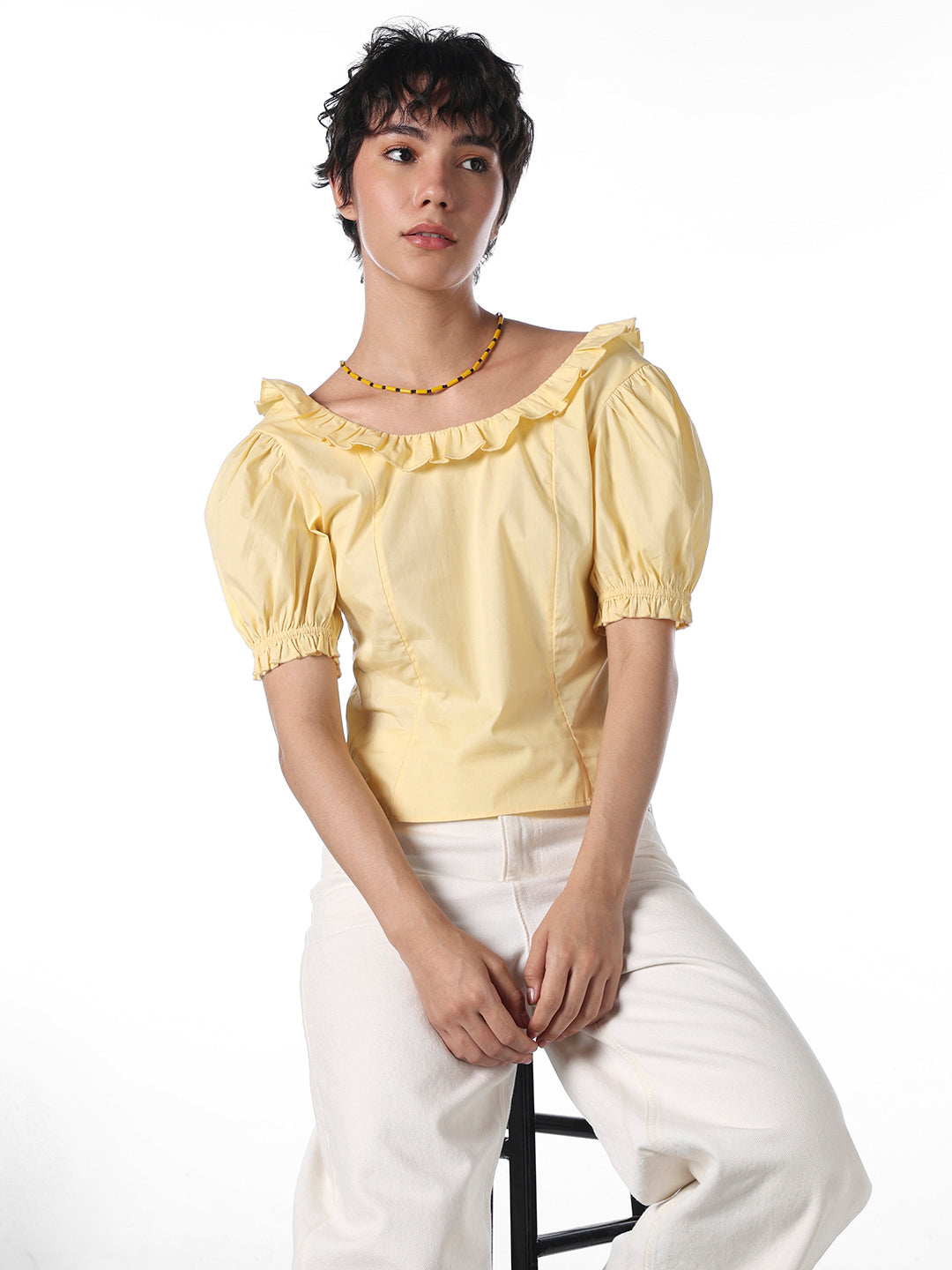 Women's Yellow Casual Solid Half Sleeves Top