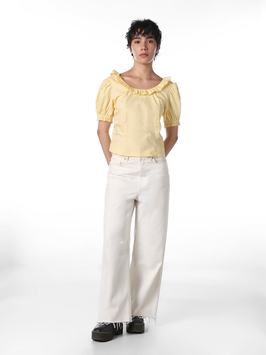 Women's Yellow Casual Solid Half Sleeves Top