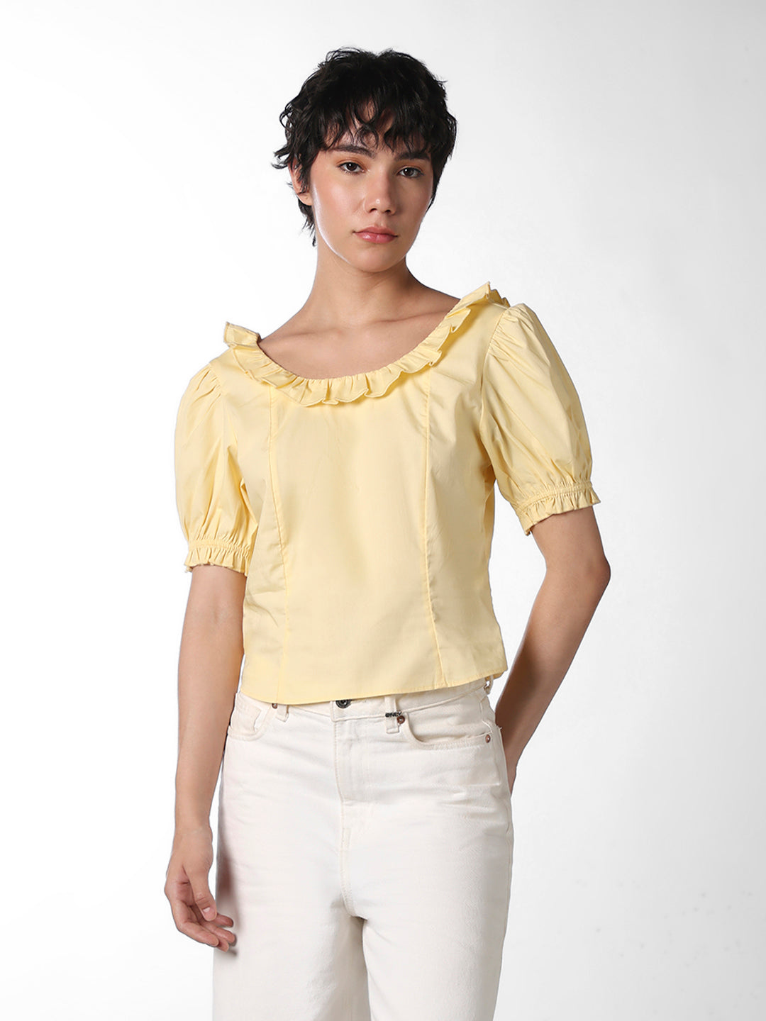 Women's Yellow Casual Solid Half Sleeves Top