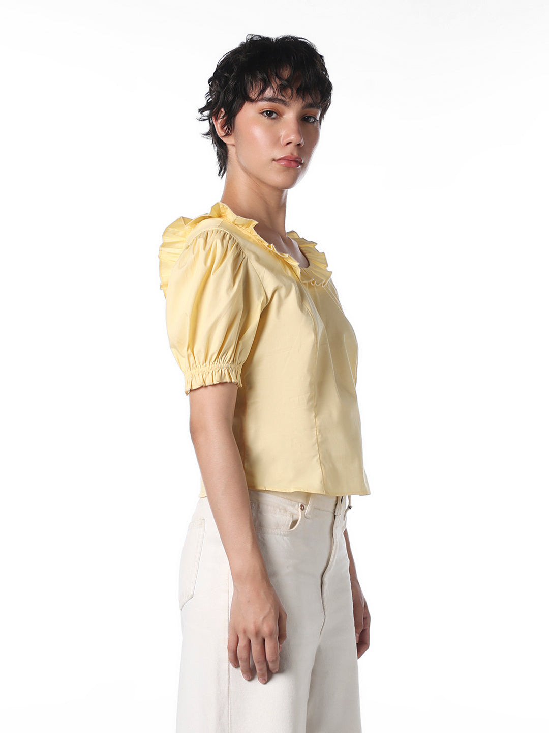 Women's Yellow Casual Solid Half Sleeves Top