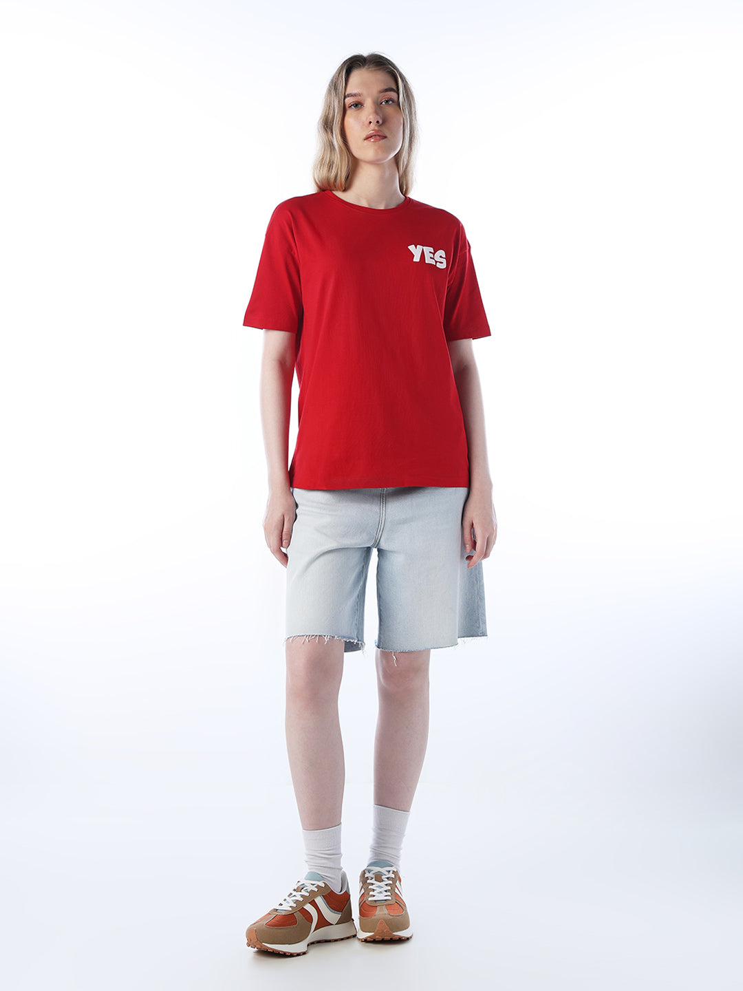 Women's Red Casual Printed Half Sleeves Tshirt