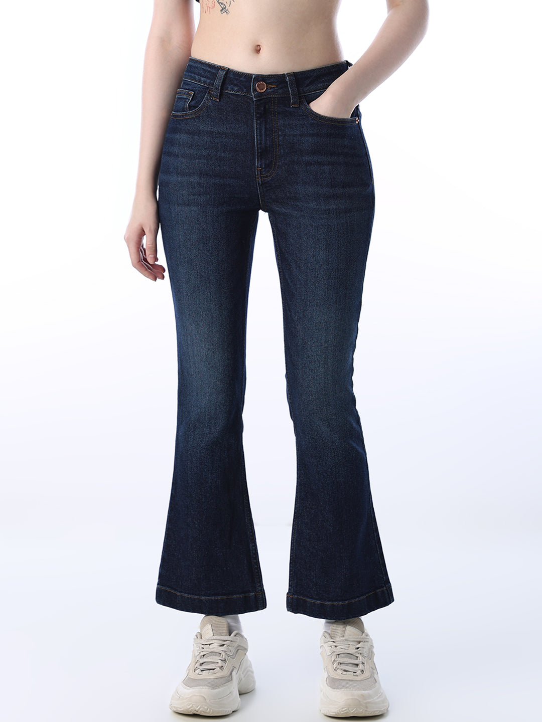 Women's Blue Casual Mid Rise Flared Fit Jeans
