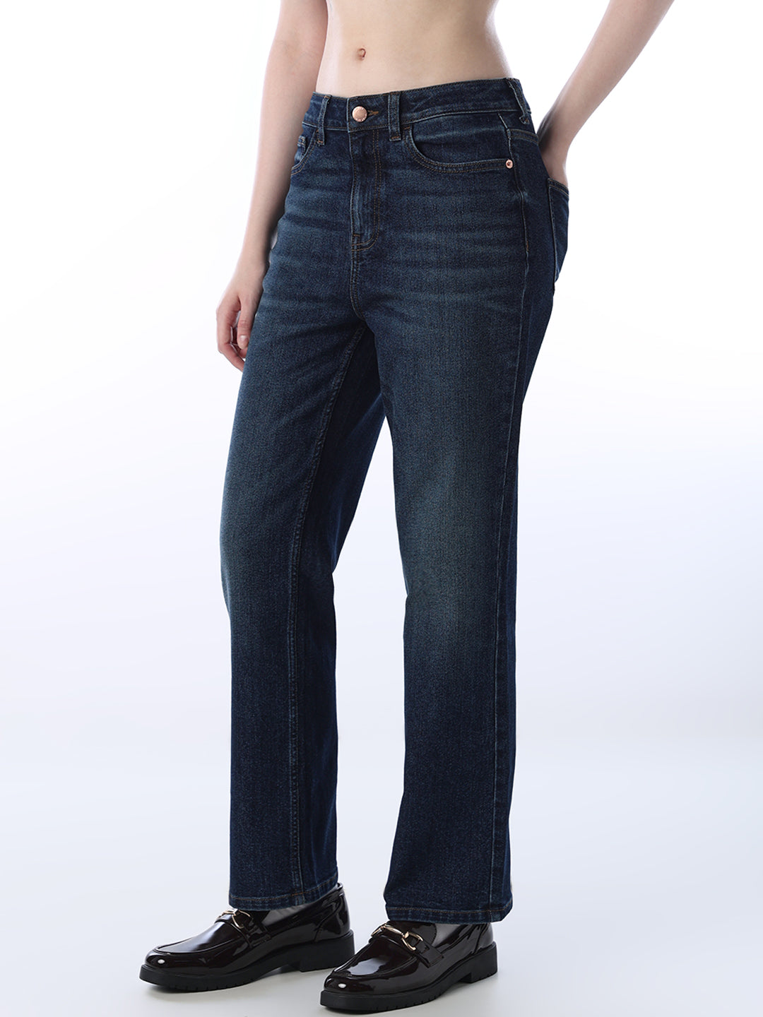 Women's Blue Casual Mid Rise Straight Fit Jeans