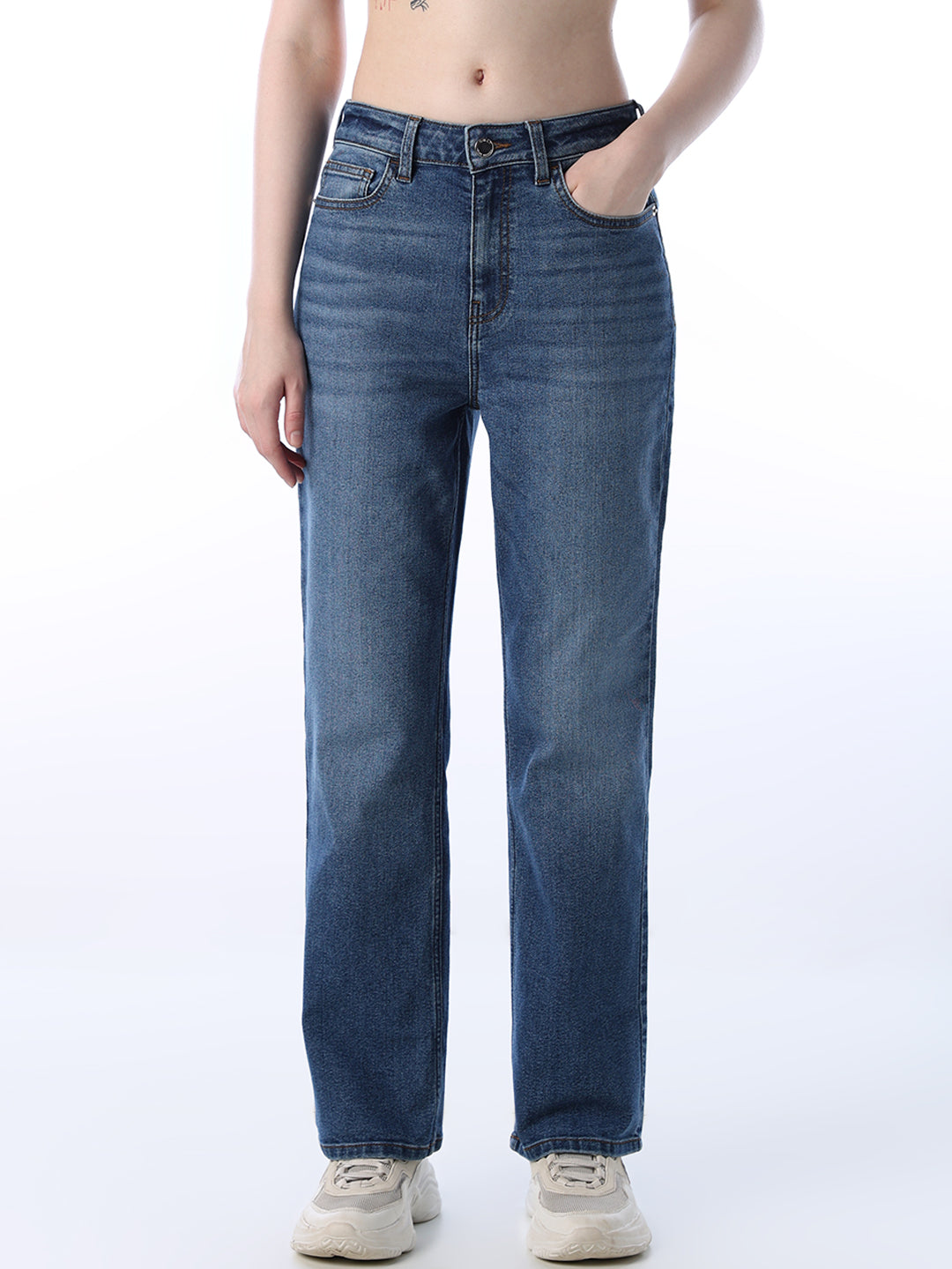 Women's Blue Casual Mid Rise Straight Fit Jeans