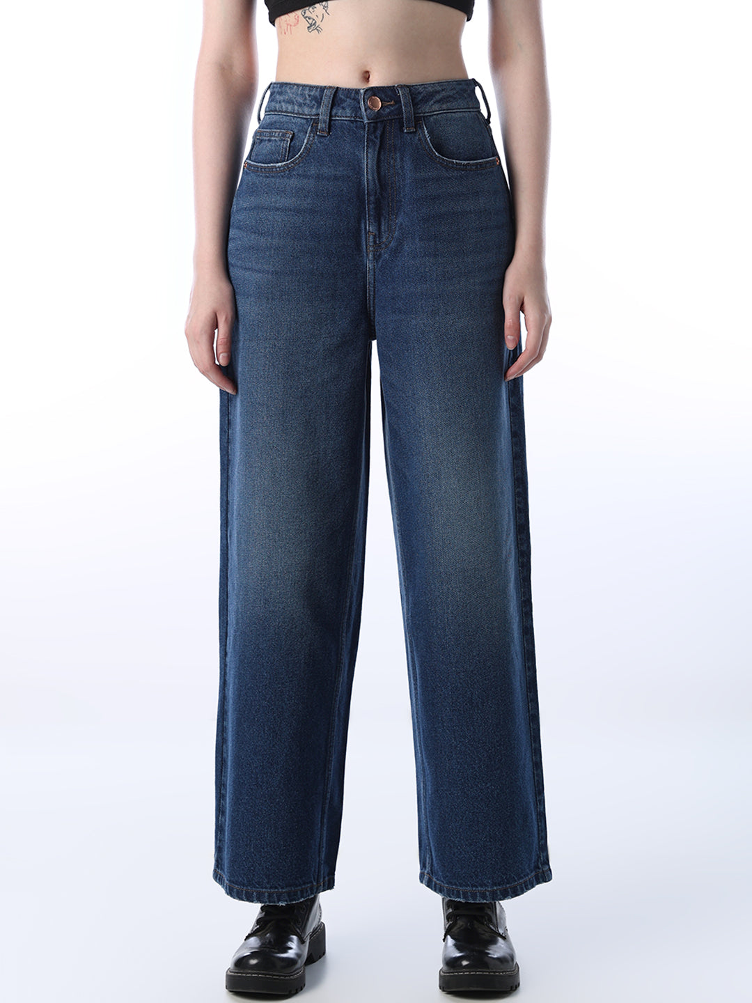 Women's Blue Casual High Rise Wide Leg Jeans