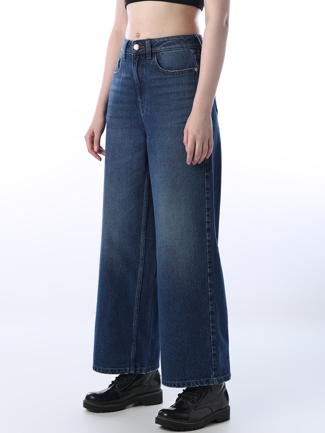 Women's Blue Casual High Rise Wide Leg Jeans