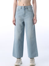 Women's Blue Casual Solid High Rise Wide Leg Jeans
