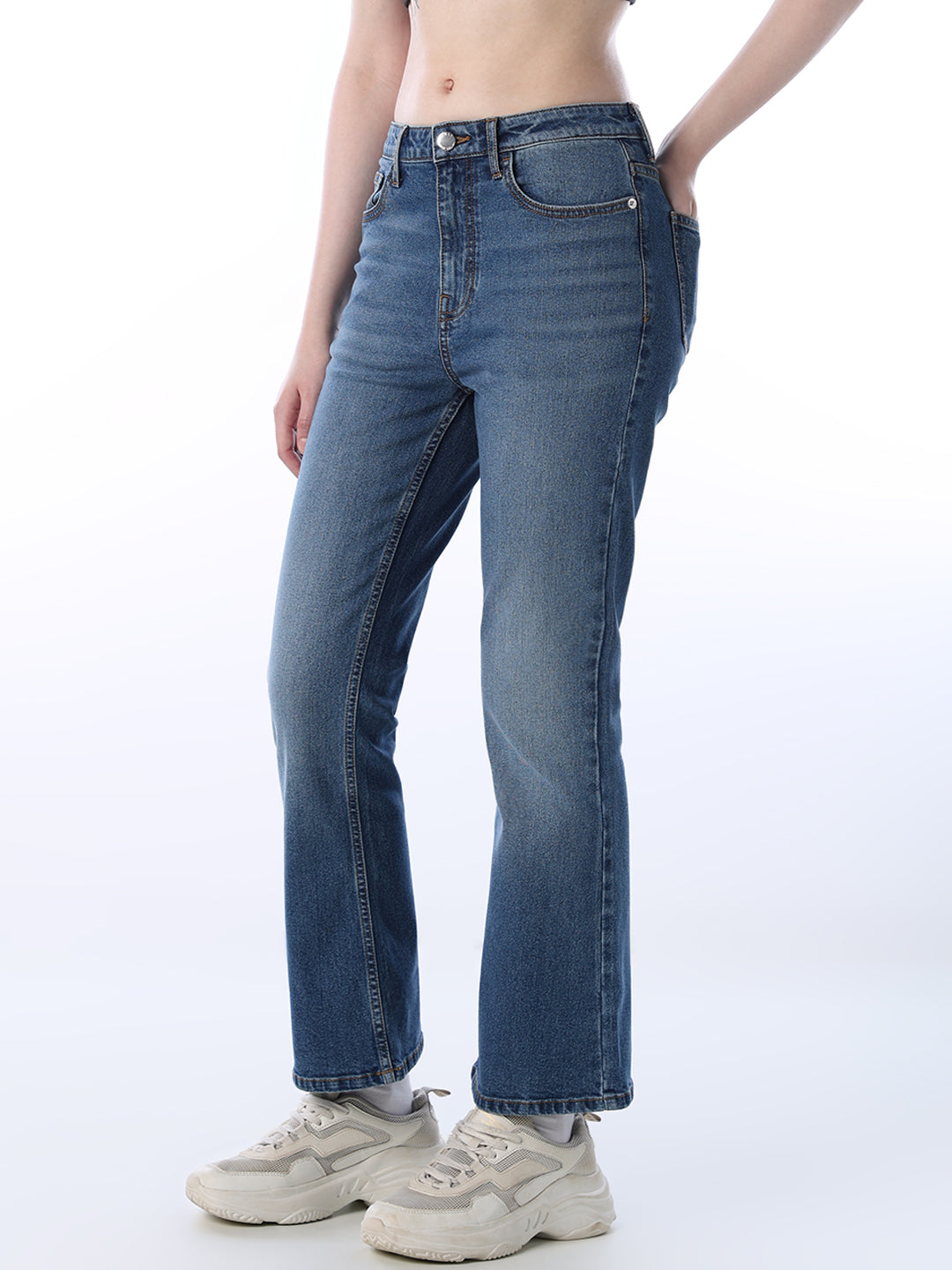 Women's Blue Casual Mid Rise Flared Fit Jeans