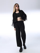 Women's Black Casual Solid High Rise Wide Leg Jeans