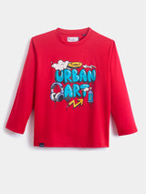 Boys Red Casual Slim Fit Printed Full Sleeves Tshirt