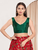 Women's Green Mulbury Silk Padded Back Open Sleeveless Saree Blouse