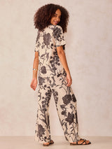Women's Off White Floral Printed Top and Pants Co Ord Set