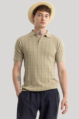 Men's Beige Casual Slim Fit Textured Half Sleeves Polo Tshirt
