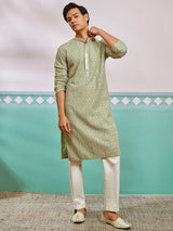 Men's Green Rayon Schiffli Floral Embroidered Kurta With Pant Style Pyjama Set