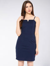 Women's Navy Blue Square Neck Sleeveless Solid Bodycon Party Dress