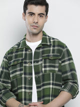 Men's Regular Fit Checkered Full Sleeves Spread Collar Double Flap Pocket Casual Over Shirt