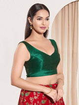Women's Green Mulbury Silk Padded Back Open Sleeveless Saree Blouse