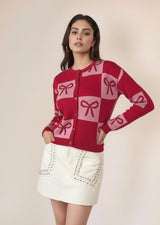Women's Red Colour Blocked Check With Graphic Bows Cardigan