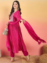 Women's Pink Bandhani Printed Anarkali with Zari-Embroidered Yoke Paired with Trouser and Dupatta