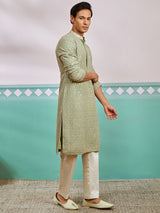 Men's Green Rayon Schiffli Floral Embroidered Kurta With Pant Style Pyjama Set