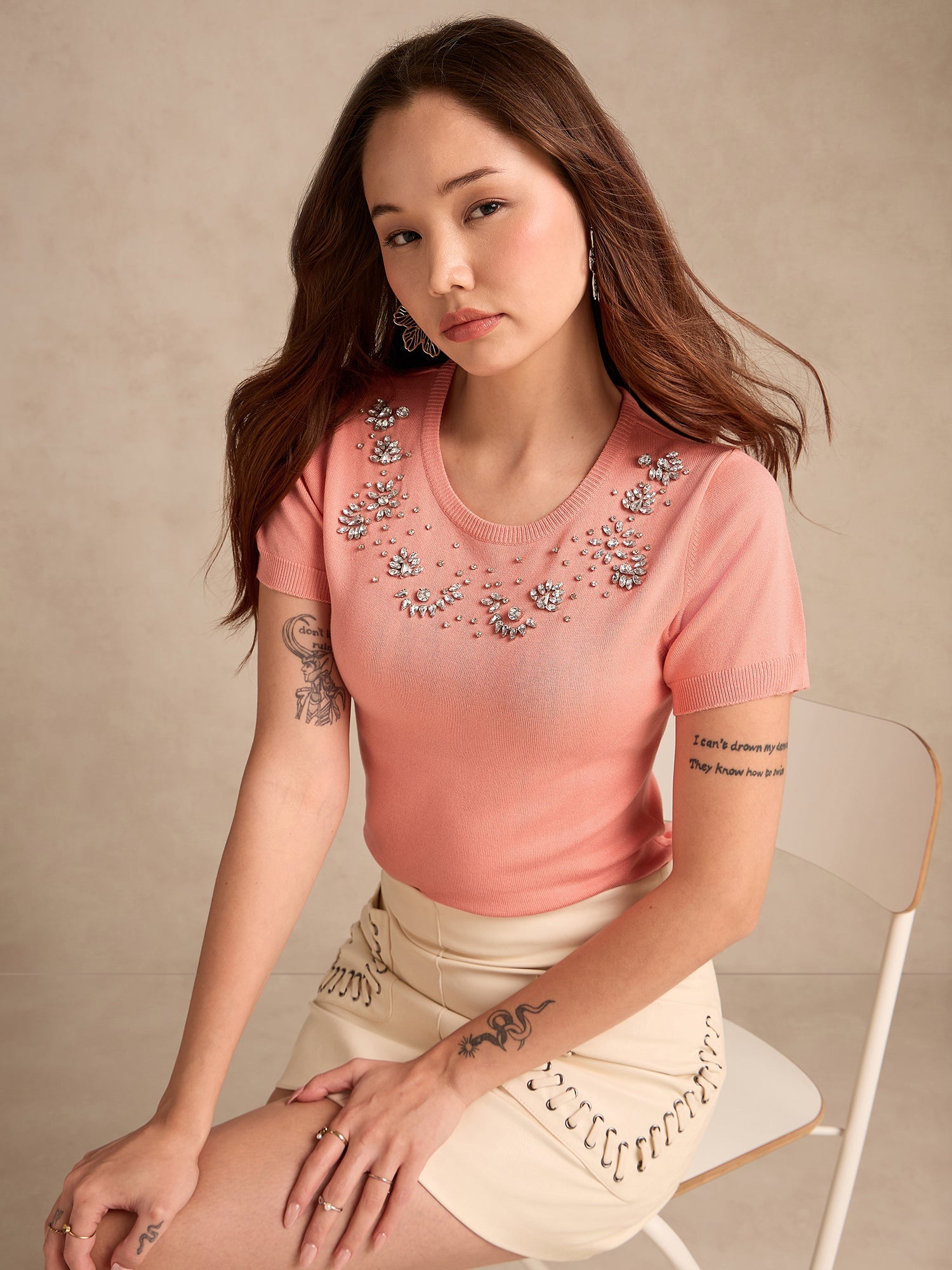 Women's Peach Relaxed Knittedstudded Top