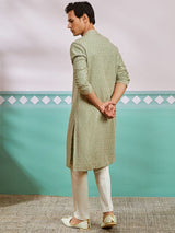 Men's Green Rayon Schiffli Floral Embroidered Kurta With Pant Style Pyjama Set