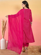 Women's Pink Bandhani Printed Anarkali with Zari-Embroidered Yoke Paired with Trouser and Dupatta