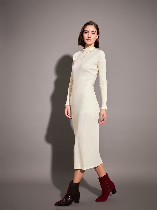 Women's Off-White Rib High Neck Maxi Dress