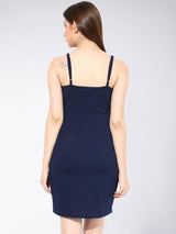 Women's Navy Blue Square Neck Sleeveless Solid Bodycon Party Dress