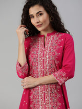 Women's Pink White Printed A-Line Kurta with Mirror Work