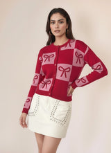 Women's Red Colour Blocked Check With Graphic Bows Cardigan