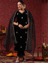 Women's Ethnic Wear Velvet Black Straight Kurta Set with Dupatta